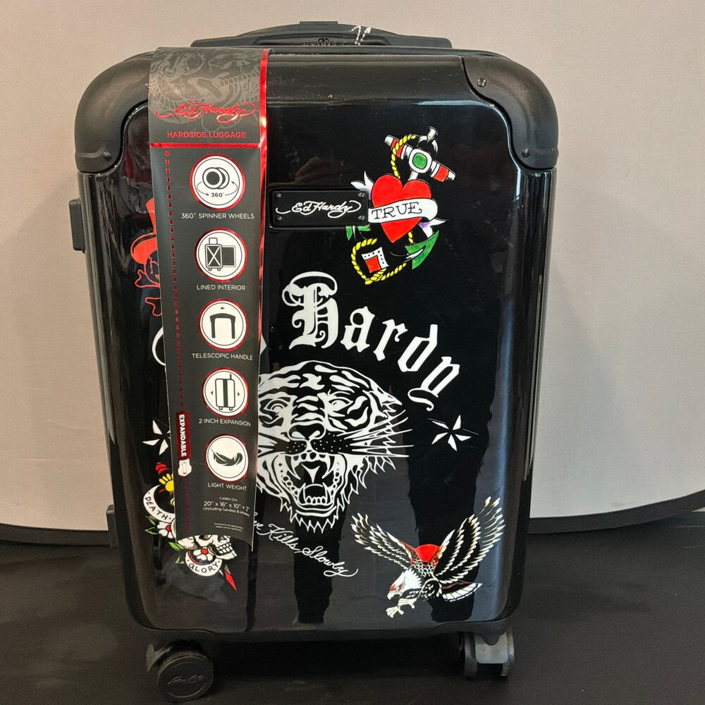 Ed Hardy 20 Inch Carry-On Hardside Luggage Spinner Wheels Tattoo Print